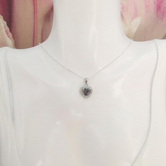 🆕 Mystic Topaz with Cz Halo pendant Necklace in Sterling Silver Heart - Picture 2 of 7